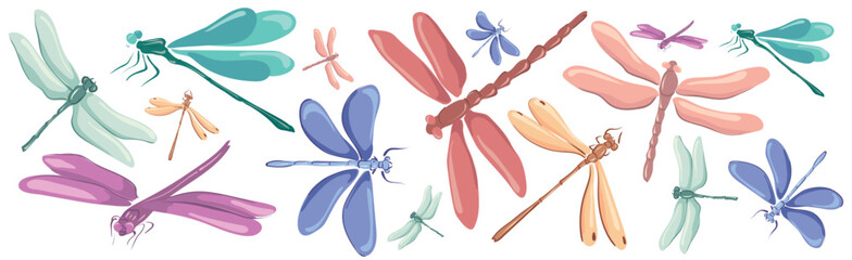 A set of colored dragonflies of different sizes and shapes drawn with lines and colored shapes. For design, decoration, invitations, cards.