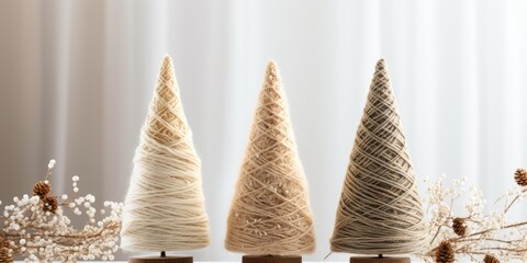 DIY sustainable Christmas decoration: Handmade yarn cone trees on a Christmas craft background in natural colors.