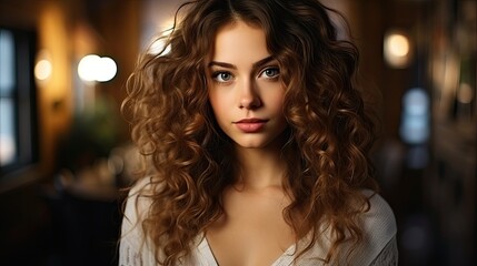 Fototapeta premium A beautiful young model showcasing her perfectly styled curly hair. Her stunning features and confident expression make for an eye-catching portrait