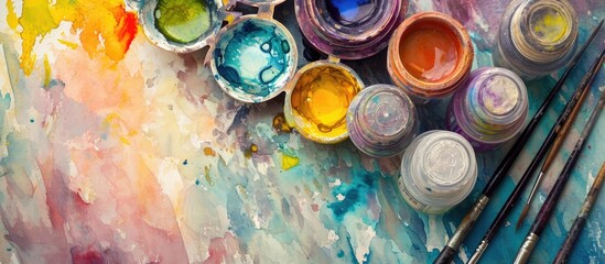 Watercolor art materials used for painting.