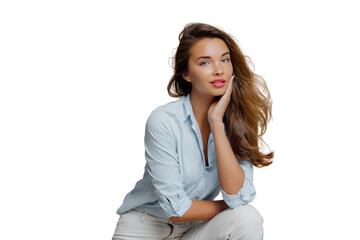 Dreamy woman in light blue shirt leaning on hand, white transparent  background