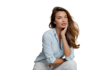Dreamy woman in light blue shirt leaning on hand, white transparent background