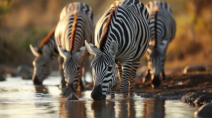 A serene moment captured in nature as zebras gracefully gather to drink water showcasing the beauty of wildlife in their natural habitat. Ai generated - 704634489