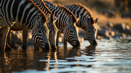 Fototapeta na wymiar A serene moment captured in nature as zebras gracefully gather to drink water showcasing the beauty of wildlife in their natural habitat. Ai generated
