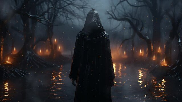 A man in a black robe in a creepy forest with blazing lights