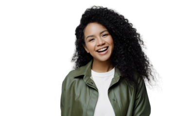 Smiling woman in green jacket over white top, white transparent  background