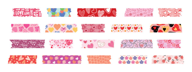 Collection of Washi tapes for Valentine's Day. Colorful scrapbook strips, sticky labels with hearts and flowers. - obrazy, fototapety, plakaty
