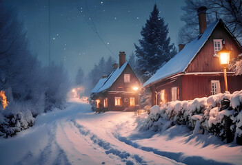 Krajobraz zimowy nocą. Zaśnieżona ulica z wiejskimi domami. światło z lamp - obrazy, fototapety, plakaty