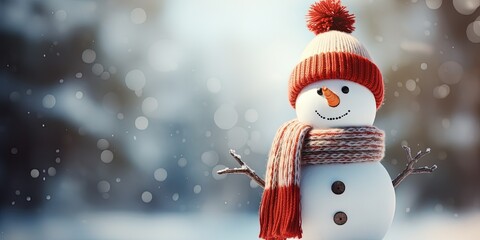 Little snowmen in knitted hats and scarves, winter and snowy day, Christmas and vacation mood - obrazy, fototapety, plakaty