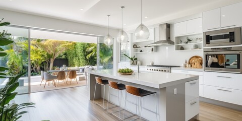 A modern home has a kitchen with white cabinets, stainless appliances, and a floor island bench.