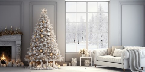 Fototapeta na wymiar Scandinavian minimalist Christmas living room interior.