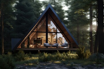 Fototapeta na wymiar Modern A-frame cabin in the woods