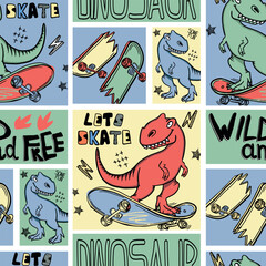 Bright cool seamless pattern with dinosaur on a skateboard. graffiti background with t rex.For textile, kids wear, fabric and more  © SokolArtStudio