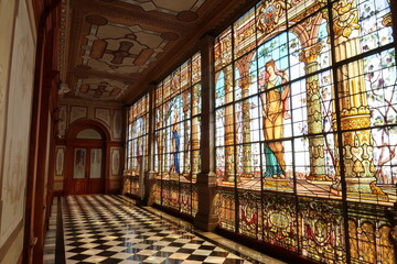 An entire hallway with stained glass windows at the Chapultepec Castle/Castillo de Chapultepec,...