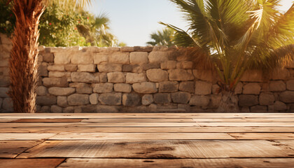 Empty wooden table over stone wall with palm tree shadow background.