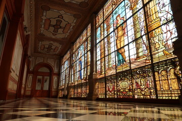 An entire hallway full of stained glass windows at the Chapultepec Castle/Castillo de Chapultepec,...