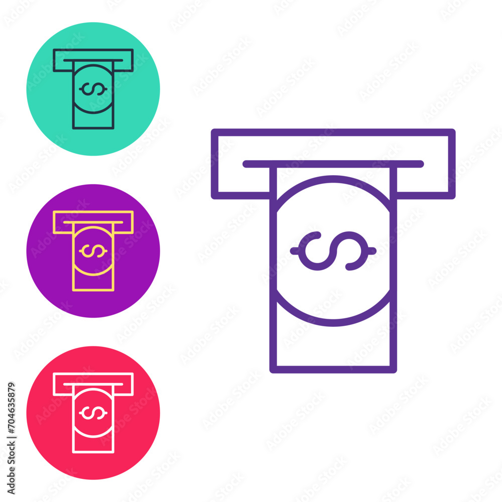 Poster set line atm - automated teller machine and money icon isolated on white background. set icons color