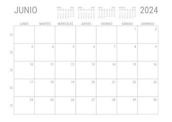 Junio Calendario 2024 Mensual para imprimir con numero de semanas A4