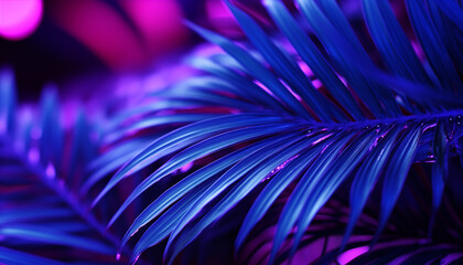 tropical palm leaves in neon light. neon tropical background for design.