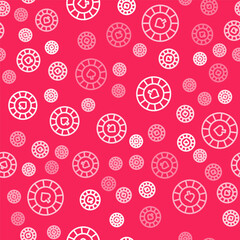 White line Casino chips icon isolated seamless pattern on red background. Casino gambling. Vector