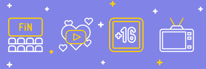 Set line Retro tv, Plus 16 movie, Romantic and Cinema auditorium with screen icon. Vector