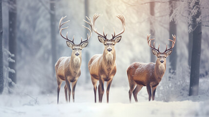 Noble deer family in winter snow forest.