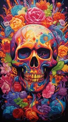 A Vibrant Skull Adorned with Colorful Flowers