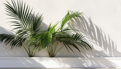 Fototapeta premium Shadow of tropical palm leaves on a white wall. 