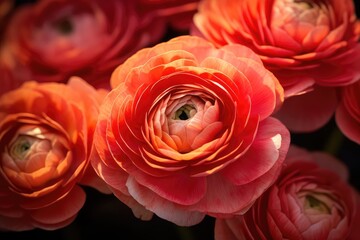 Fototapeta premium Beautiful floral background. Close up top view of coral pink ranunculus flowers