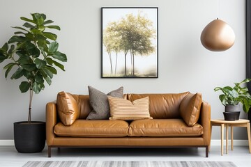 Brown leather sofa in a living room with plants