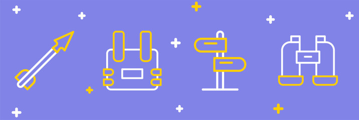Set line Binoculars, Road traffic sign, Bulletproof vest and Medieval arrow icon. Vector