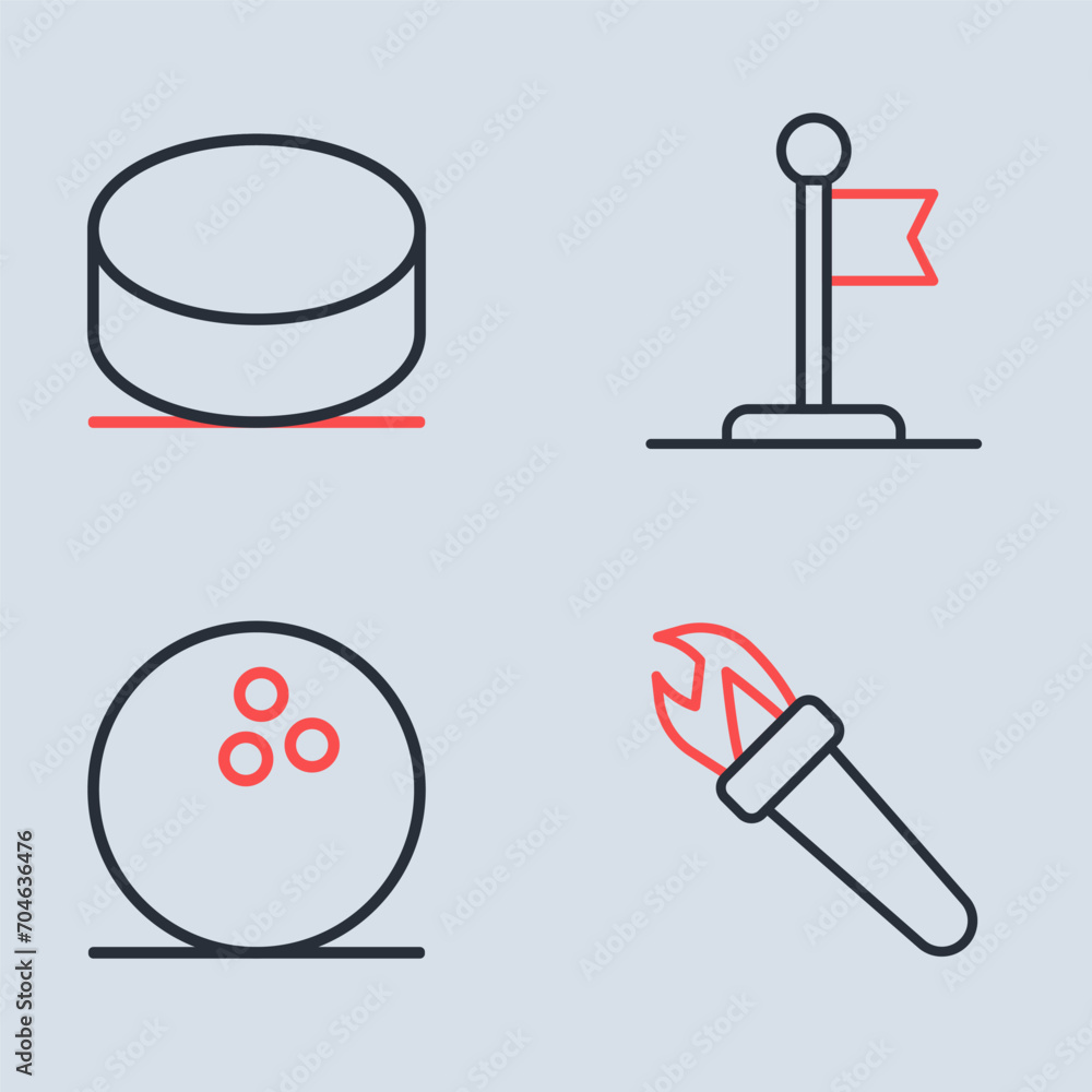 Poster Set line Flag, Bowling ball, Torch flame and Hockey puck icon. Vector