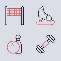 Set line Skates, Bowling pin and ball, Dumbbell and Volleyball net icon. Vector