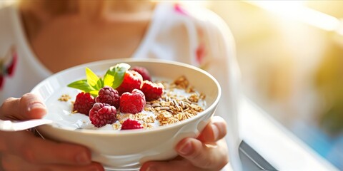 Nourishing Start: A woman holds a cereal bowl filled with a wholesome blend of fresh fruits and seeds, embodying a healthy and organic beginning to the day