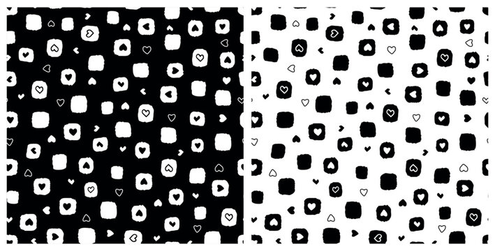 Set of black and white rectangles with hearts seamless repeat pattern. Monochrome, vector, geometric shapes of love sign aop all over surface print.