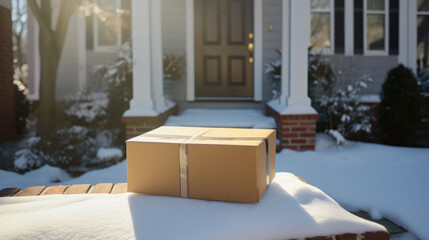 Delivered parcel box on door mat near winter snow entrance. Christmas online shopping. Black Friday sale.