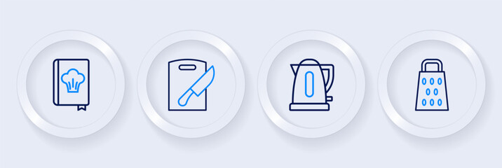 Set line Grater, Electric kettle, Cutting board and knife and Cookbook icon. Vector