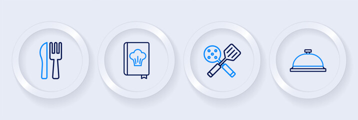 Set line Covered with tray of food, Spatula, Cookbook and Crossed knife and fork icon. Vector