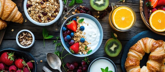 Nourishing morning meal with yogurt, muesli, fruit, granola, citrus juice, coffee, croissants, and herbs. - obrazy, fototapety, plakaty
