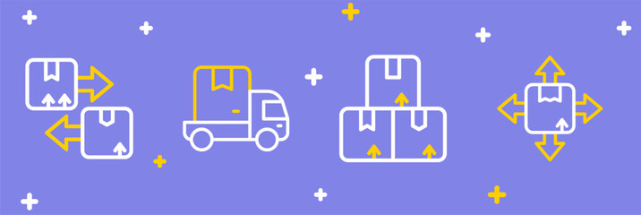Set line Carton cardboard box, Delivery cargo truck and Cardboard with traffic symbol icon. Vector