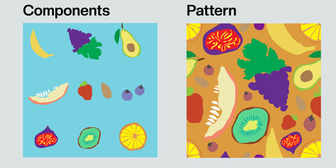 A few fruits, berries and nut (almond). File includes ready-to-use seamless pattern and components to make your own, or use different ways.