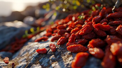 Dried goji berries on a stone. Selective focus.