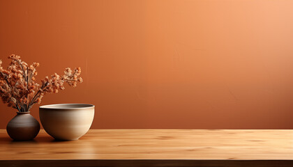 Empty table on a brown background with natural shadows on the wall. Mockup for product branding, presentation design and product demonstration.