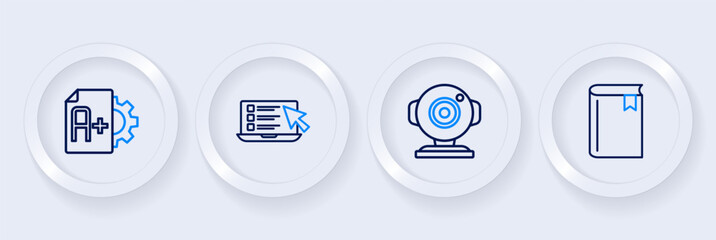 Set line Book, Web camera, Online quiz, test, survey and Exam sheet with A plus grade icon. Vector