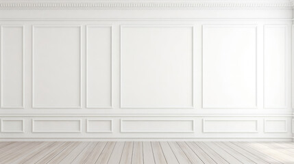 Empty white panelling wall background, classical design, with light colored floors. Mock up - obrazy, fototapety, plakaty