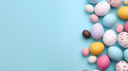 Colorful background of colored easter eggs and chocolate eggs with space to write.