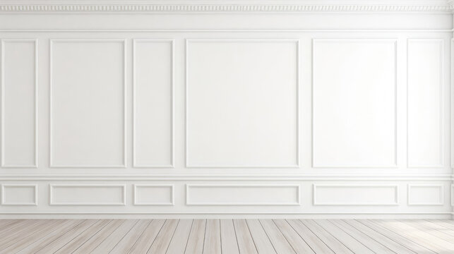 Empty white panelling wall background, classical design, with light colored floors. Mock up