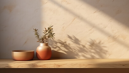 Empty table on a brown background with natural shadows on the wall. Mockup for product branding, presentation design and product demonstration.