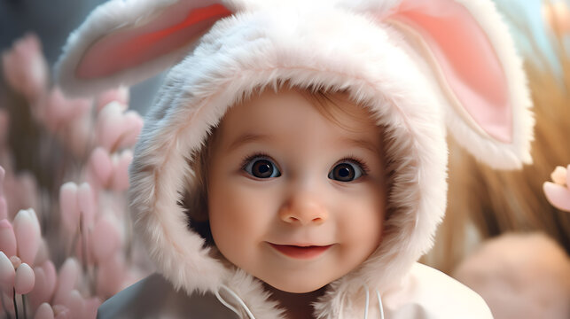 Cute smiling baby portrait in pink outfit with bunny ears. Blurred background