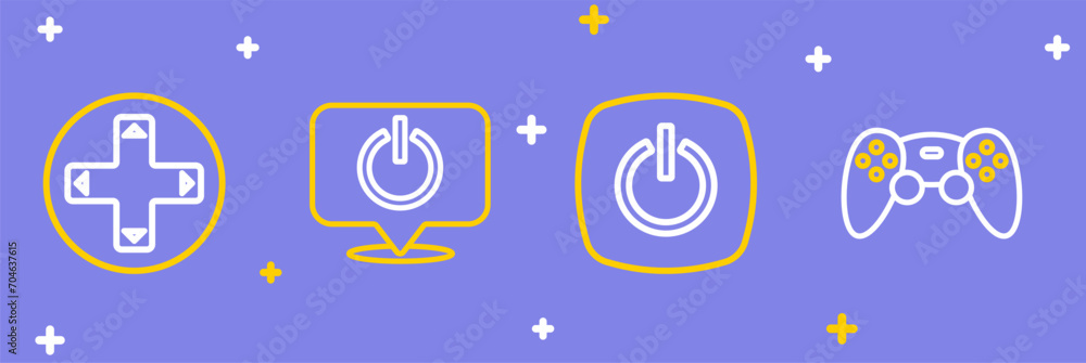 Poster set line game controller or joystick, power button, and icon. vector